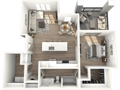 Floor plan for 1 bed, 1 bath, 837 sqft